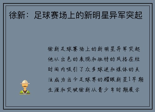 徐新:足球赛场上的新明星异军突起