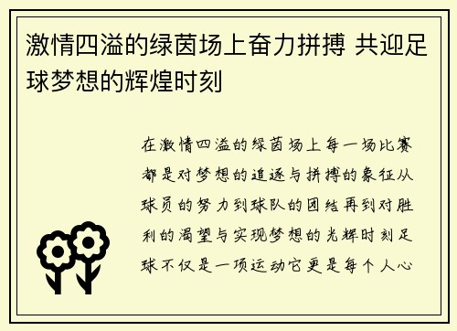激情四溢的绿茵场上奋力拼搏 共迎足球梦想的辉煌时刻