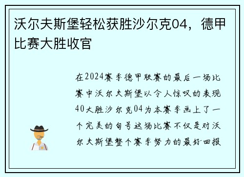 沃尔夫斯堡轻松获胜沙尔克04，德甲比赛大胜收官