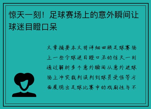 惊天一刻!足球赛场上的意外瞬间让球迷目瞪口呆