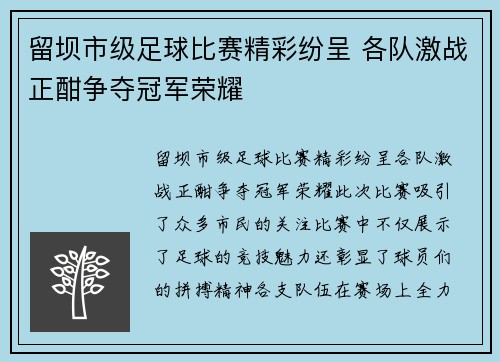 留坝市级足球比赛精彩纷呈 各队激战正酣争夺冠军荣耀