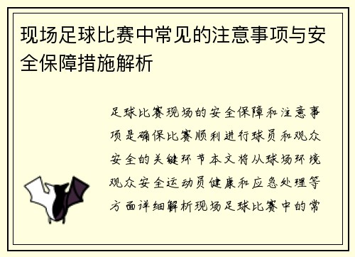 现场足球比赛中常见的注意事项与安全保障措施解析