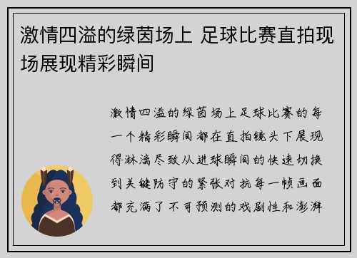 激情四溢的绿茵场上 足球比赛直拍现场展现精彩瞬间