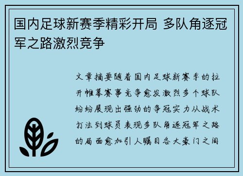 国内足球新赛季精彩开局 多队角逐冠军之路激烈竞争