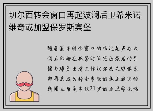 切尔西转会窗口再起波澜后卫希米诺维奇或加盟保罗斯宾堡