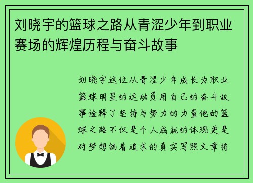 刘晓宇的篮球之路从青涩少年到职业赛场的辉煌历程与奋斗故事
