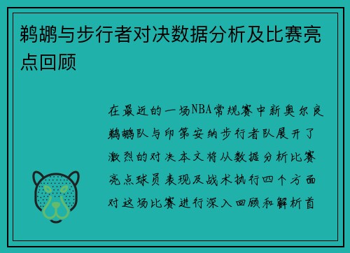 鹈鹕与步行者对决数据分析及比赛亮点回顾