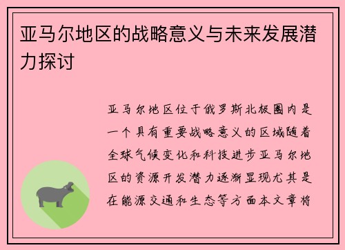 亚马尔地区的战略意义与未来发展潜力探讨