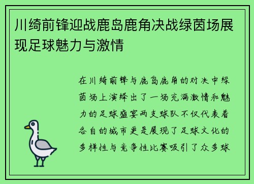 川绮前锋迎战鹿岛鹿角决战绿茵场展现足球魅力与激情