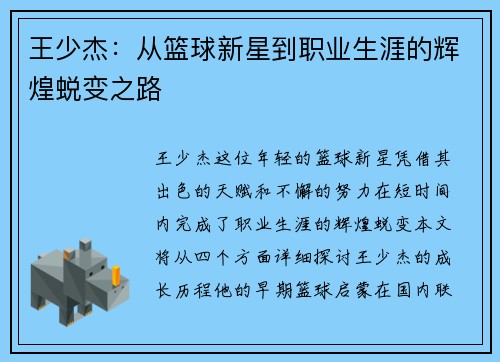 王少杰：从篮球新星到职业生涯的辉煌蜕变之路