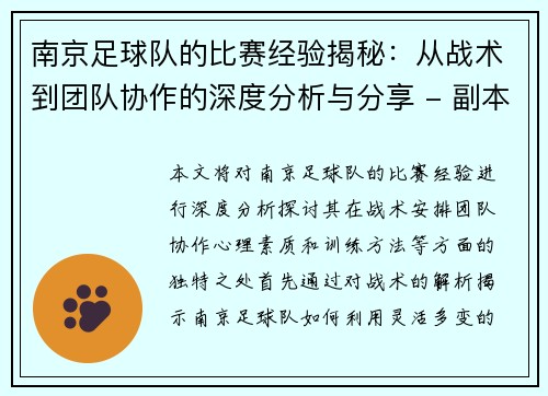 南京足球队的比赛经验揭秘：从战术到团队协作的深度分析与分享 - 副本