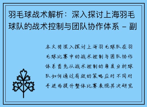 羽毛球战术解析：深入探讨上海羽毛球队的战术控制与团队协作体系 - 副本