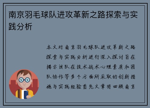 南京羽毛球队进攻革新之路探索与实践分析